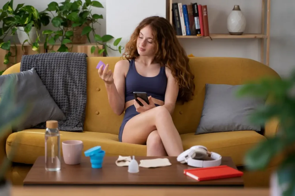 Young woman in activewear, sitting on a yellow couch, holding a phone and menstrual cup, surrounded by various items.