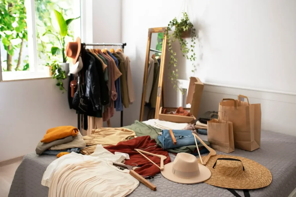 Clothes, hats, and shopping bags are spread on a bed, with a clothing rack and mirror in a well-lit room with plants.